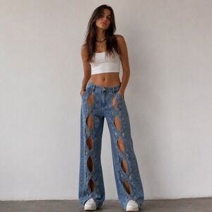 Y2K hollow out snake wide leg jeans women's XL reverse chaps cut out twist denim